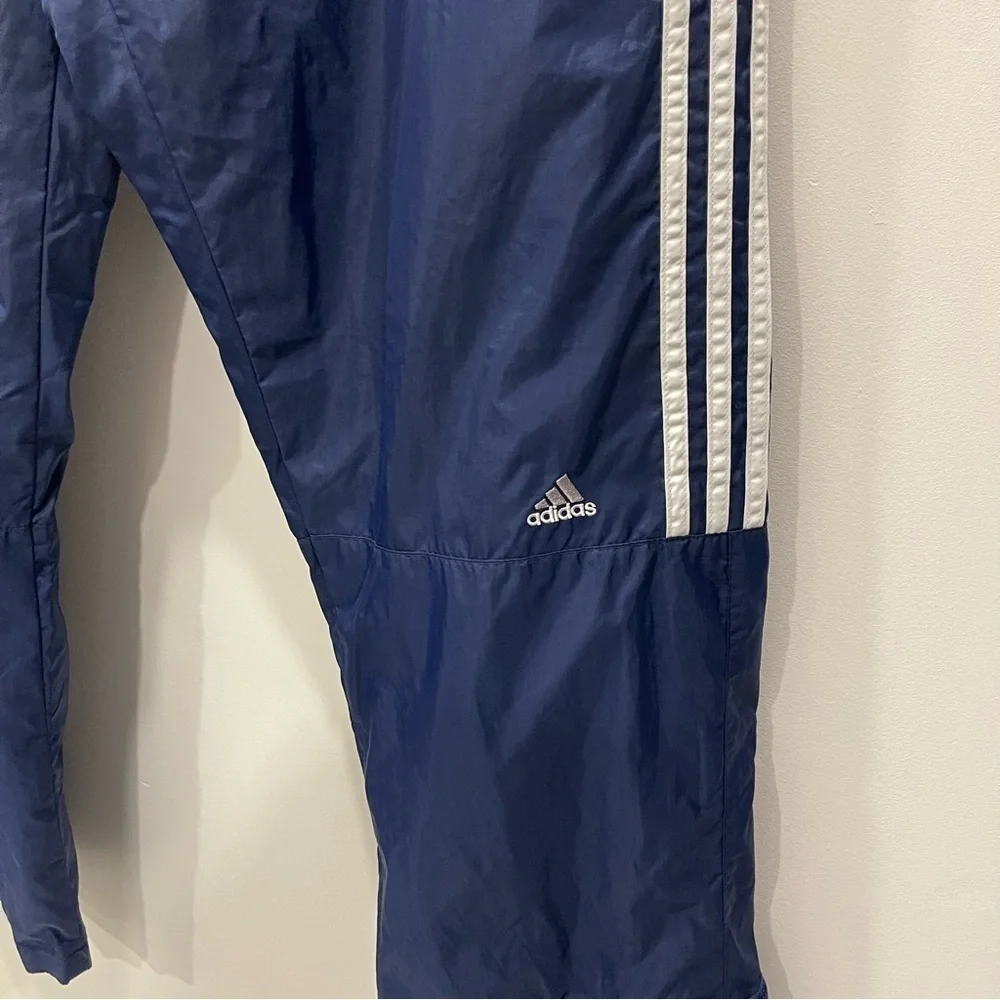 Vintage Adidas Stripe Trim Wind Nylon Pants Wide Leg Adjustable Blue Large